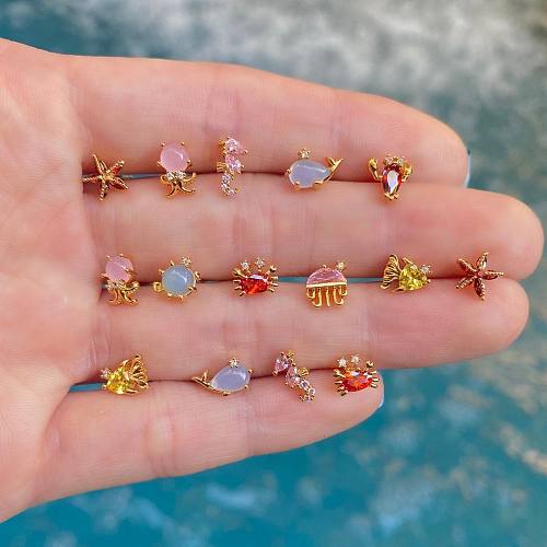 Atacado série marinha brincos jóias fundo do mar pequeno animal jóias banhado a ouro cor zircão brincos bonitos