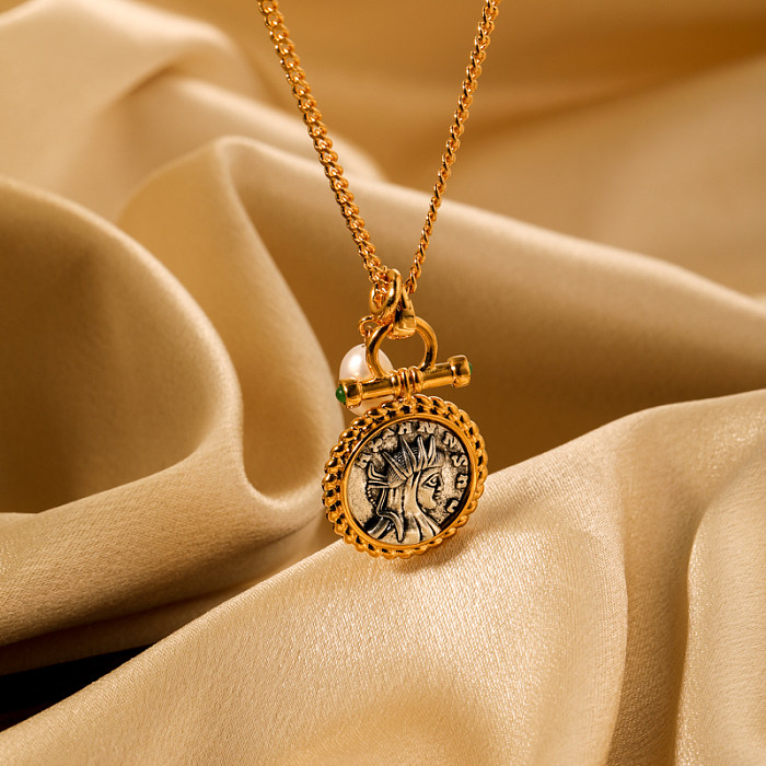 Collar de pendientes chapado en oro de 18 quilates con incrustaciones de cobre con retrato clásico