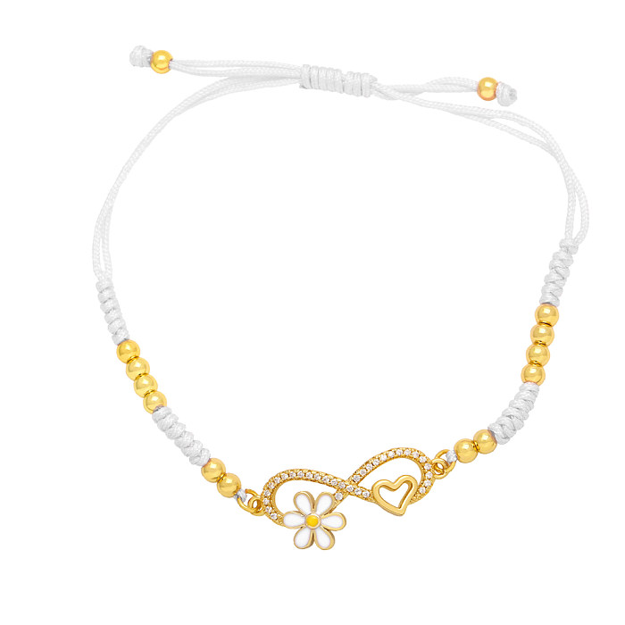 Ethnic Style Heart Shape Symbol Flower Rope Copper Enamel Braid Gold Plated Zircon Bracelets 1 Piece