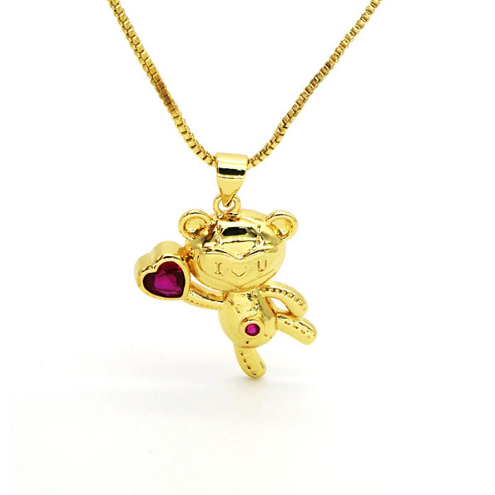 Simple Style Bear Copper Inlay Zircon Pendant Necklace