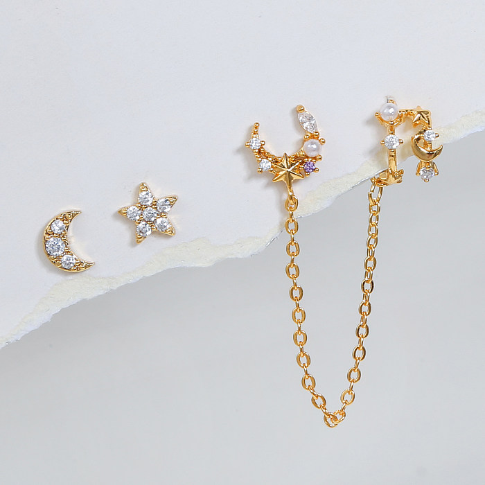 Fashion Star Moon Tassel Copper Inlay Artificial Pearls Zircon Earrings 3 Piece Set