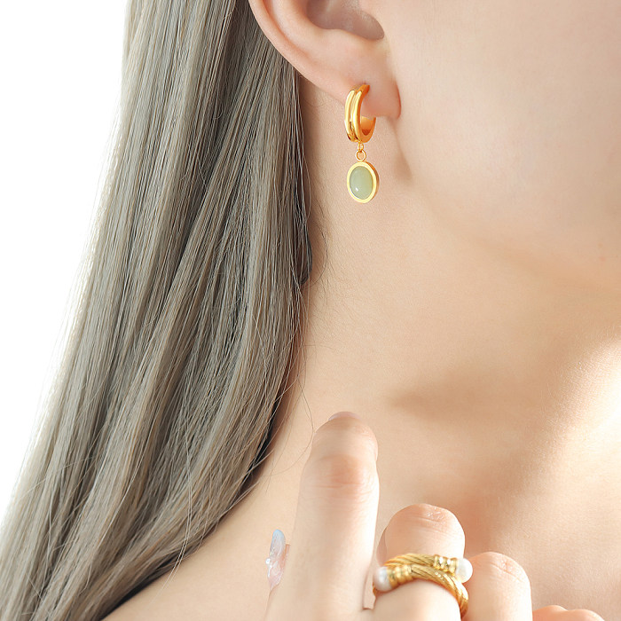 Collier de boucles d'oreilles ovales en titane et acier, plaqué or 18 carats, pierre naturelle, vente en gros
