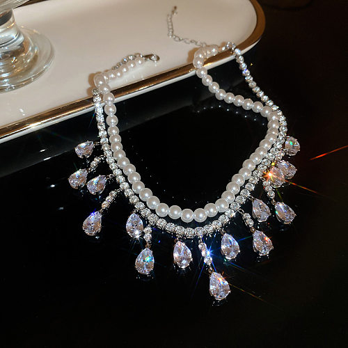Colliers superposés en Zircon pour femmes, gouttelettes d'eau, perles artificielles, incrustation de perles en cuivre