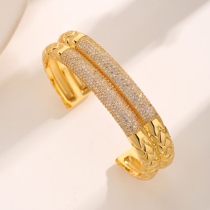 Luxurious Modern Style Lingge Copper Plating Inlay Zircon 18K Gold Plated Cuff Bracelets