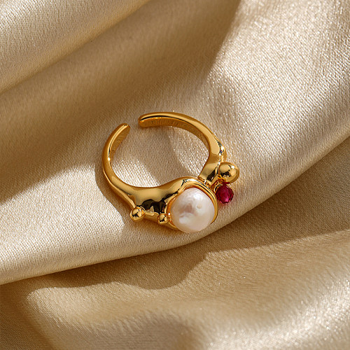 Elegante, runde, verkupferte, eingelegte Kristall-Süßwasserperlen-offene Ringe mit 18-Karat-Vergoldung