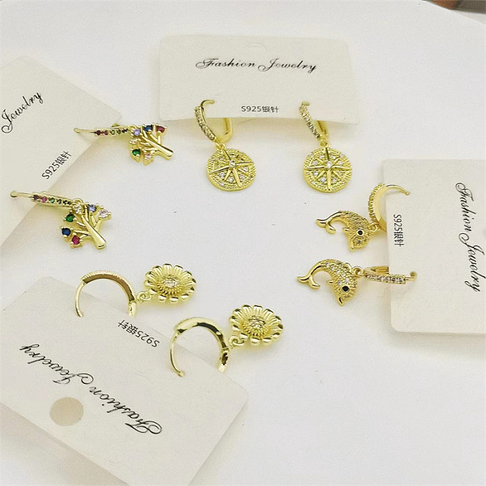 1 Pair Basic Classic Style Tree Dolphin Flower Inlay Copper Zircon Drop Earrings