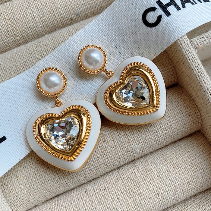 1 paire de boucles d'oreilles pendantes en forme de cœur, Style IG, incrustation de strass en cuivre