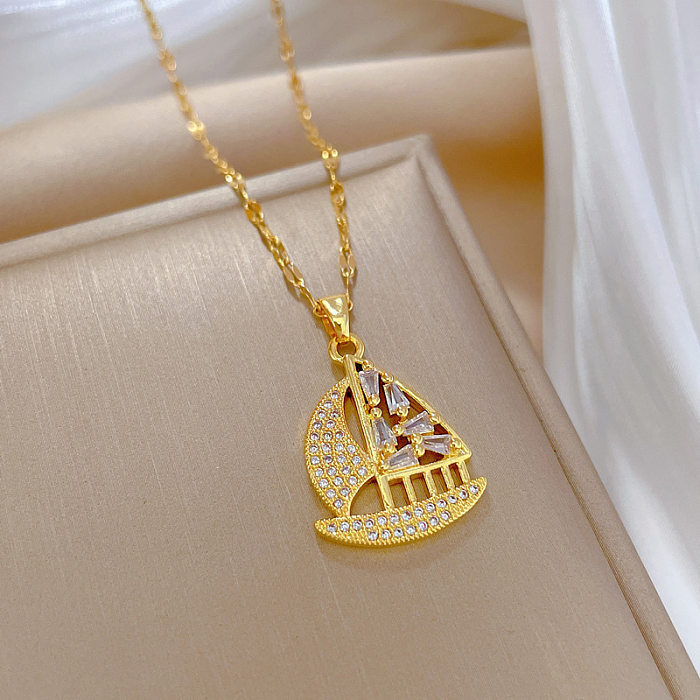 Luxuriöse Schiff-Halskette mit Zirkon-Anhänger aus Edelstahl mit Kupferbeschichtung