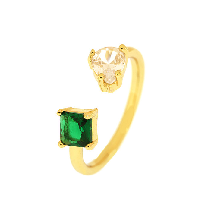 IG Style Korean Style Square Water Droplets Copper Plating Inlay Zircon 18K Gold Plated Open Rings