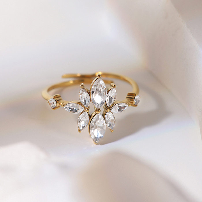Anéis de zircão embutidos de aço inoxidável com flor estilo francês, 1 peça