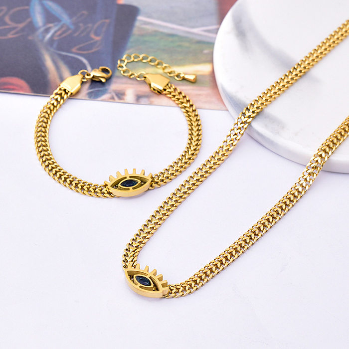 Streetwear Eye Titanium Steel Plating Inlay Künstliche Edelsteine ​​18K vergoldete Armbänder Halskette