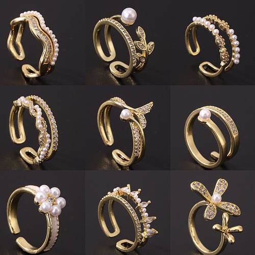 Vintage-Stil, Blatt, Blume, Kupferbeschichtung, Inlay, künstliche Perlen, Strasssteine, Zirkon, offene Ringe