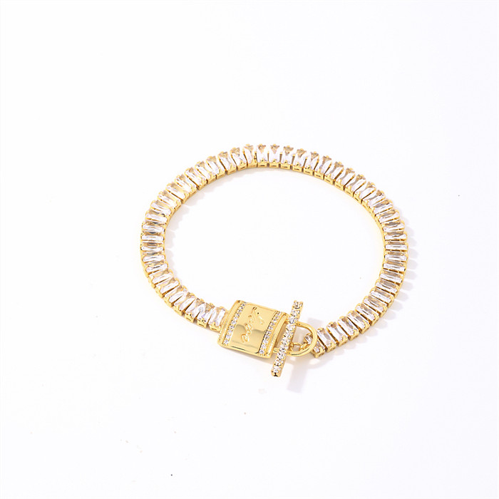 Casual estilo vintage brilhante forma de coração bloqueio cobre chapeamento incrustação zircão branco banhado a ouro pulseiras