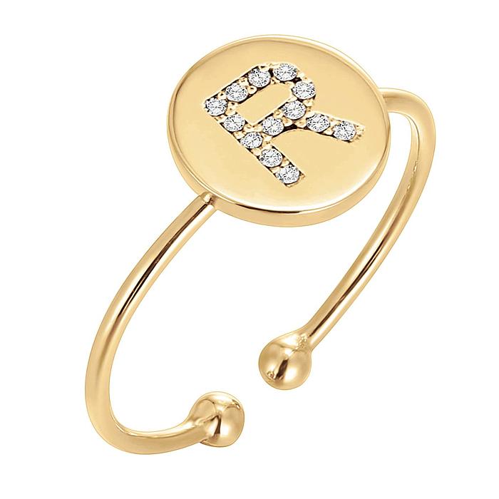Offene Ringe im modernen Stil mit Buchstabenverkupferung und Inlay aus künstlichem Diamant
