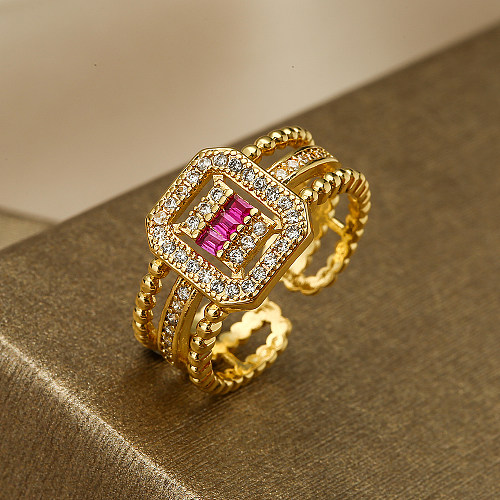 Simple Style Geometric Square Copper Plating Inlay Zircon 18K Gold Plated Open Ring