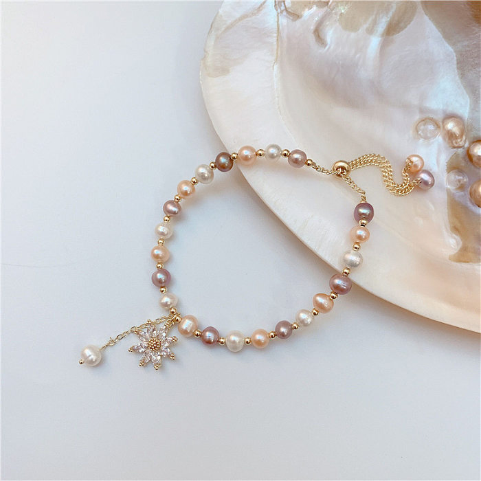 Sweet Flower Copper Plating Inlay Zircon Gold Plated Bracelets