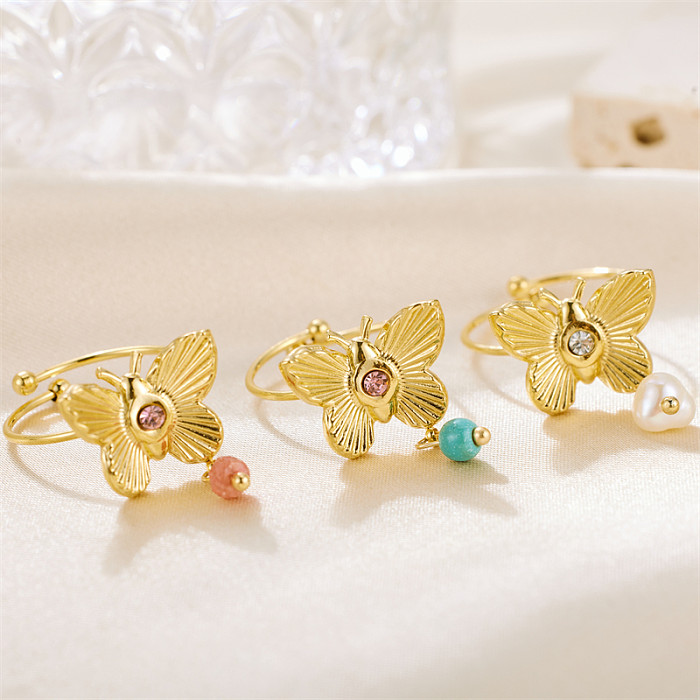Offene Ringe im Vintage-Stil, schlichter Schmetterling, Edelstahl, asymmetrische Beschichtung, 18 Karat vergoldet