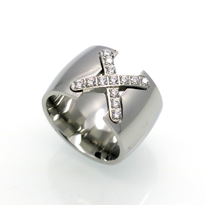 Wholesale Simple Style X-Shaped Titanium Steel Zircon Rings
