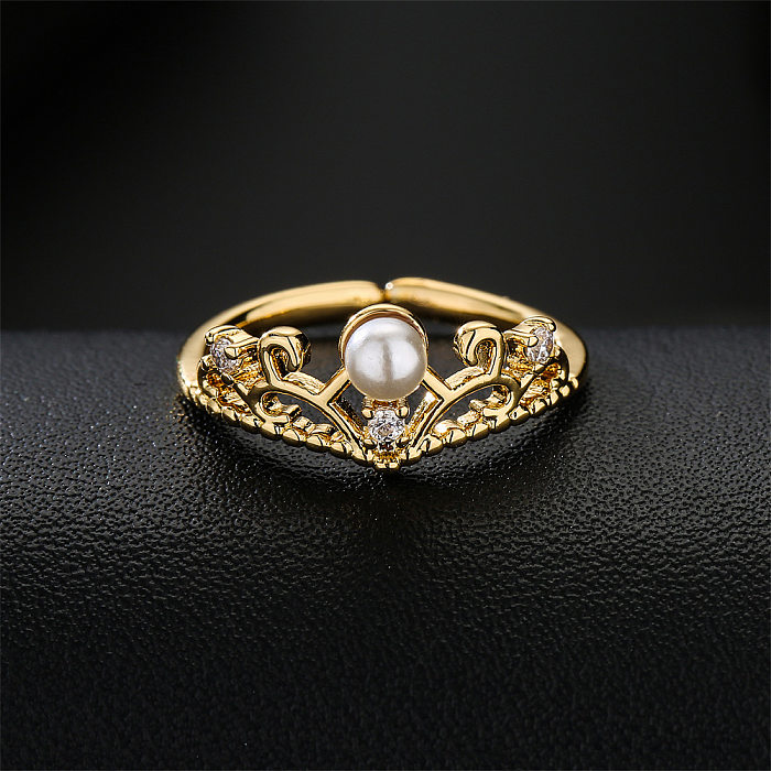 Nuevo anillo abierto geométrico con forma de corona de perlas de circonita