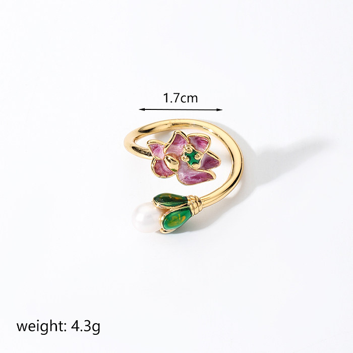 Elegant Retro Flower Copper Plating Inlay Pearl 18K Gold Plated Open Rings