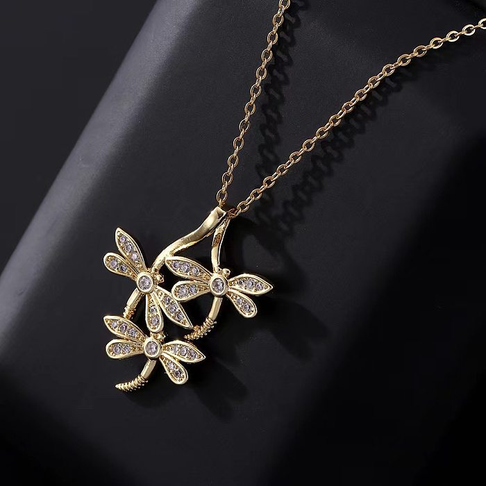 Simple Style Dragonfly Copper Plating Inlay Zircon Pendant Necklace