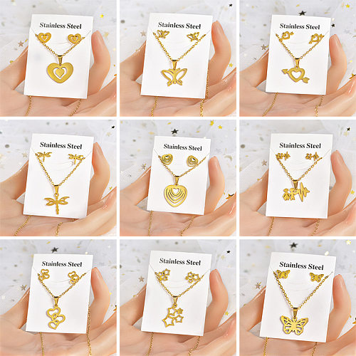Mode Stern Herz Form Krone Edelstahl Intarsien Gold Damen Ohrringe Halskette 1 Set