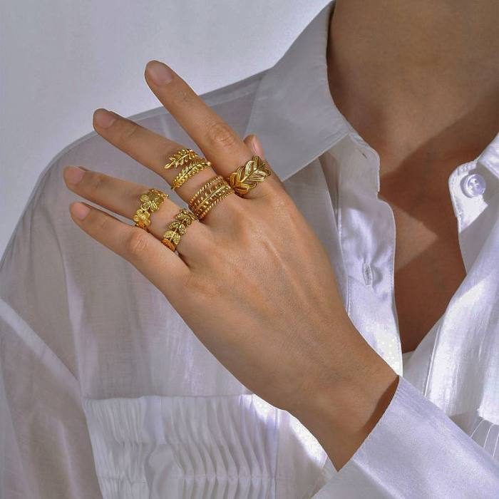 IG Estilo Férias Estilo Francês Folha Flor Chapeamento de Aço Inoxidável Anéis Banhados a Ouro 18K