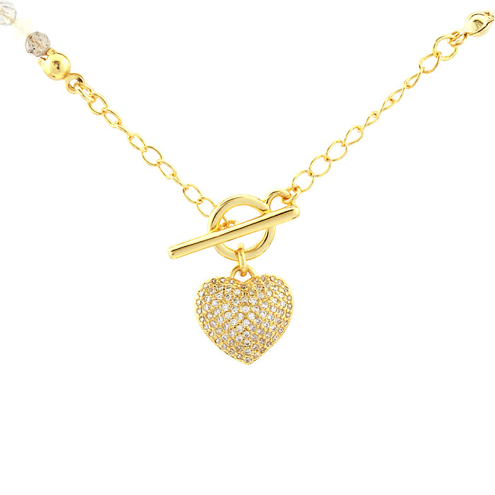 IG Style Heart Shape Artificial Gemstones Copper Toggle Plating Inlay Zircon 18K Gold Plated Pendant Necklace