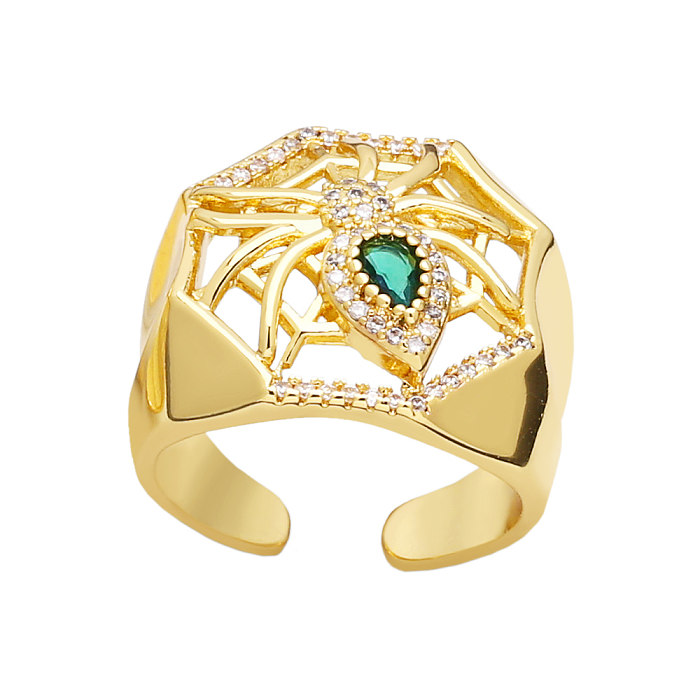 Hip-Hop Exaggerated Spider Spider Web Copper Plating Inlay Zircon 18K Gold Plated Open Rings