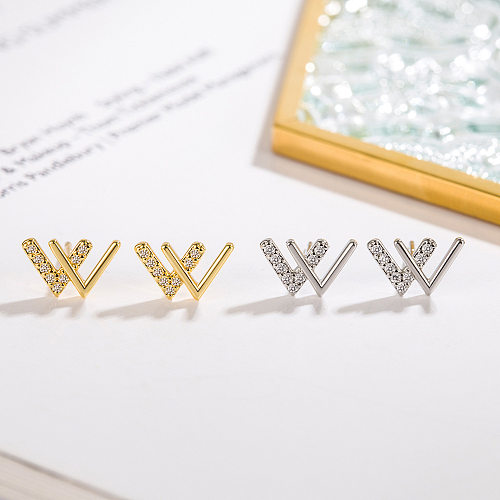 1 paire de clous d'oreilles en cuivre et Zircon pour femmes, Style Simple coréen, incrustation de lettres plaquées