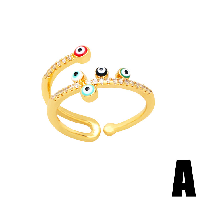 Offener Ring mit unregelmäßigem Teufelsauge im Retro-Stil, Kupfer-Emaille, vergoldeter Zirkon, 1 Stück