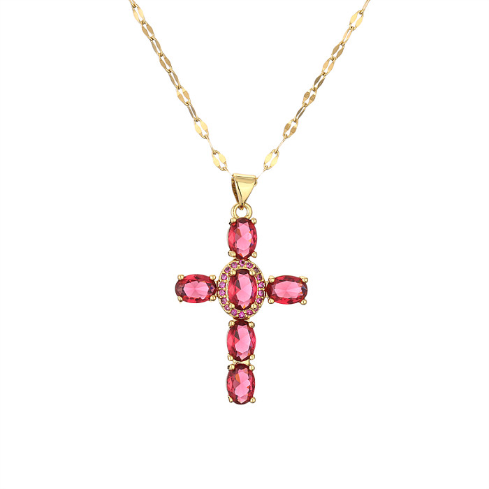 1 Piece Artistic Cross Copper Plating Inlay Zircon Pendant Necklace