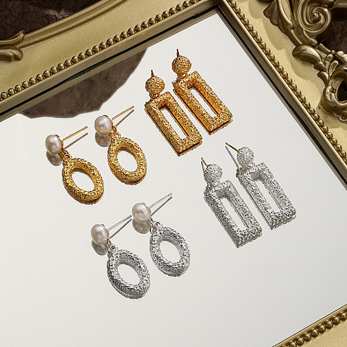 1 paire de boucles d'oreilles ovales rectangulaires en cuivre plaqué or 18 carats et argent, Style Simple