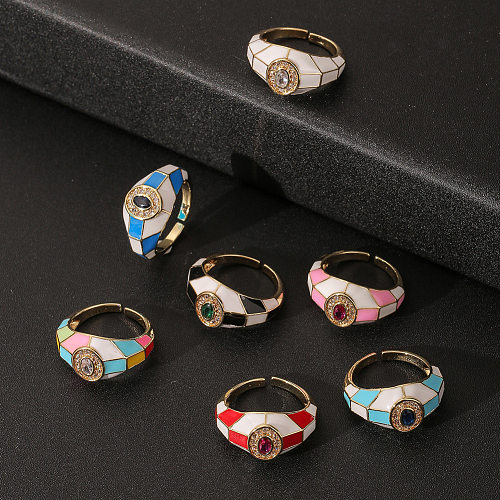 Anéis de zircão esmaltados de cobre ovais em bloco de cores da moda