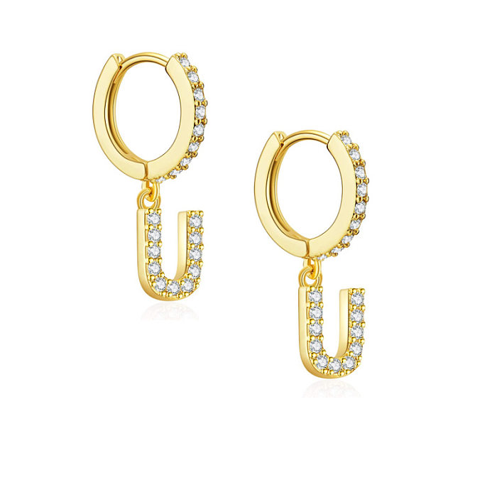 1 paire de boucles d'oreilles pendantes en cuivre et Zircon, Style coréen Simple, incrustation de lettres plaquées