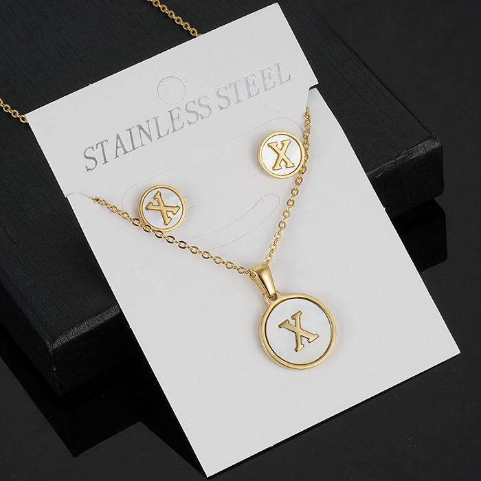 Style simple lettre ronde en acier inoxydable plaqué or boucles d'oreilles collier ensemble de 3 pièces