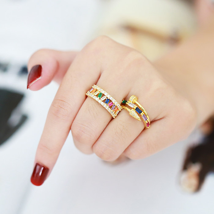 Hip-Hop Geometric Nail Copper Gold Plated Zircon Open Ring 1 Piece