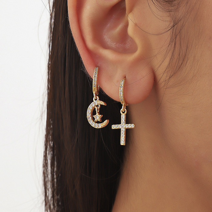 1 Pair Korean Style Cross Moon Plating Inlay Copper Zircon Hoop Earrings