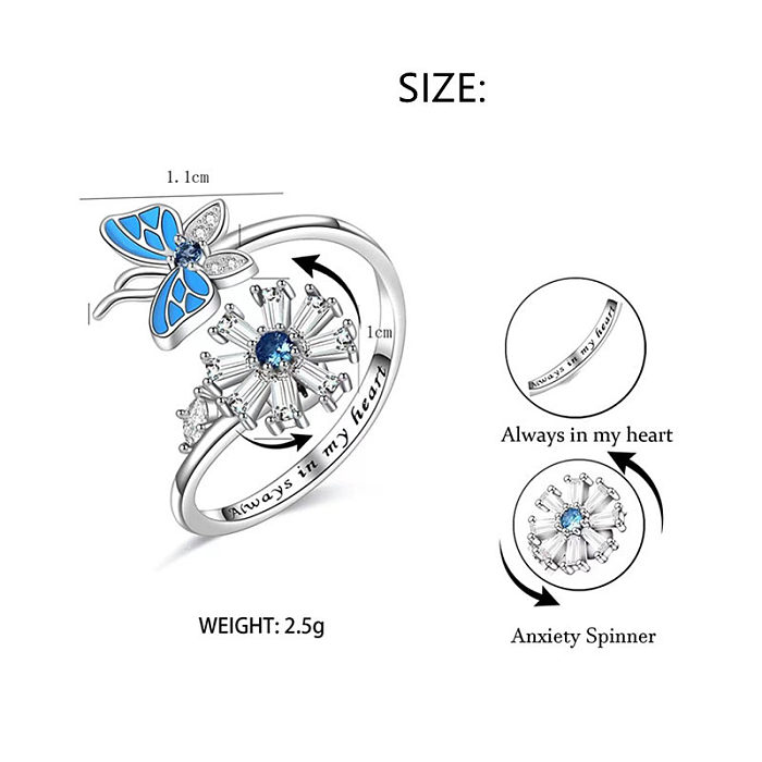 Fashion Simple Style Flower Butterfly Copper Plating Butterfly Zircon Rings