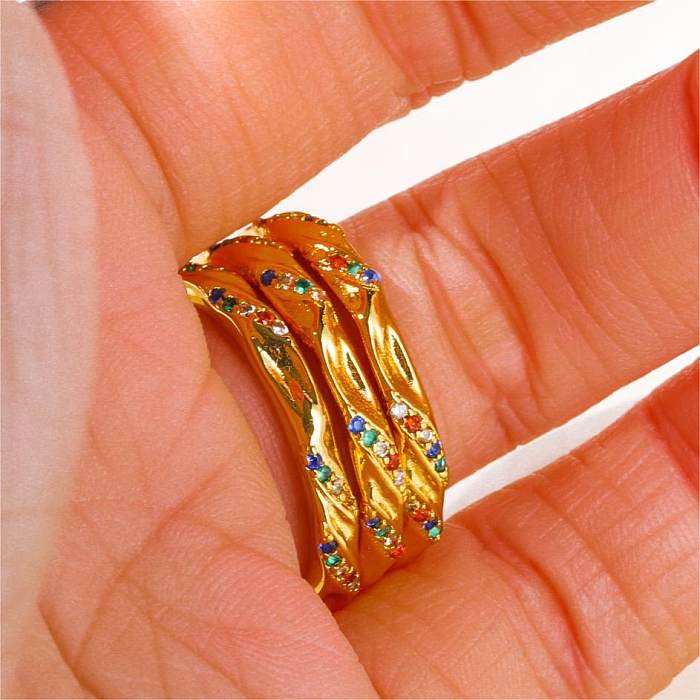 Simple Style Round Copper Plating Inlay Zircon 18K Gold Plated Rings