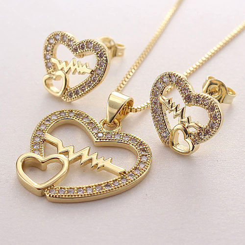 Estilo simples forma de coração chapeamento de cobre incrustação zircão conjunto de joias banhadas a ouro