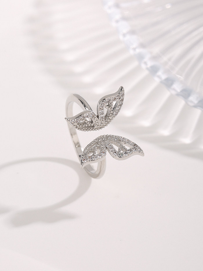 Casual Shiny Butterfly Stainless Steel Zircon Open Rings In Bulk