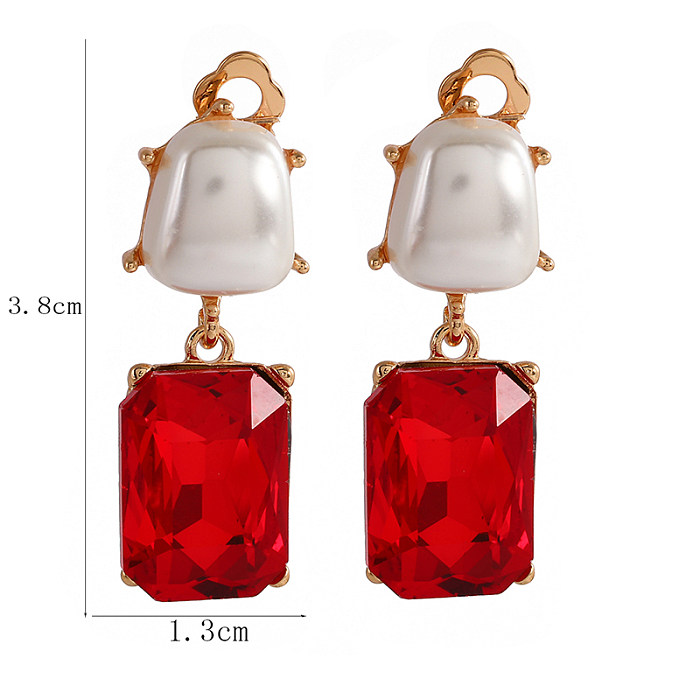 1 Pair Elegant Classical Square Copper Plating Inlay Artificial Gemstones Gold Plated Ear Clips