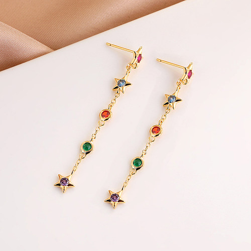 1 Pair Retro Round Star Copper Plating Inlay Zircon Gold Plated Drop Earrings