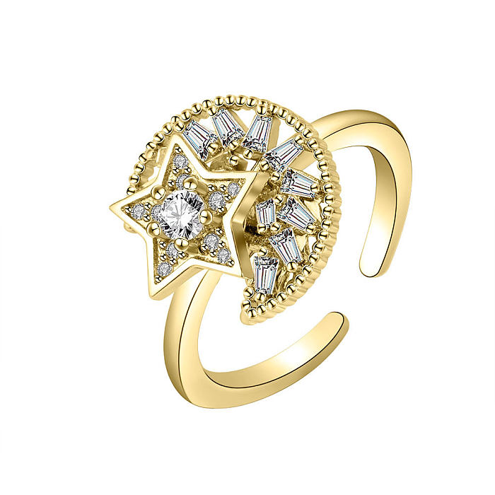 Fashion Golden Star Moon Zircon Rotating Copper Open Ring