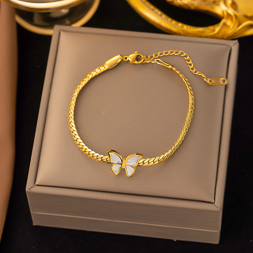 Vintage Style Butterfly Titanium Steel Plating Inlay Shell 18K Gold Plated Bracelets Necklace