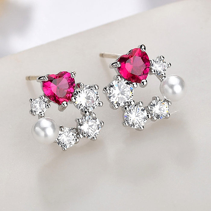 1 Pair Simple Style Heart Shape Plating Inlay Copper Artificial Pearls Zircon Ear Studs