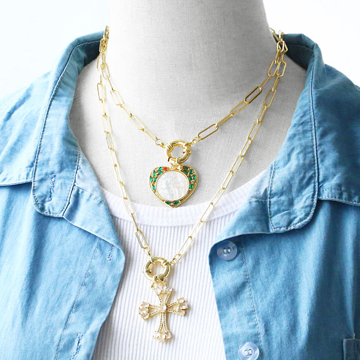 Hip-Hop Punk Cross Heart Shape Copper Plating Inlay Zircon 18K Gold Plated Pendant Necklace