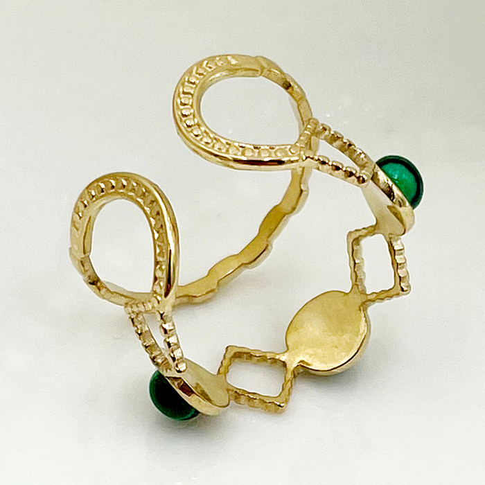 Anéis abertos banhados a ouro de pedra natural redondos retrô com chapeamento de aço inoxidável