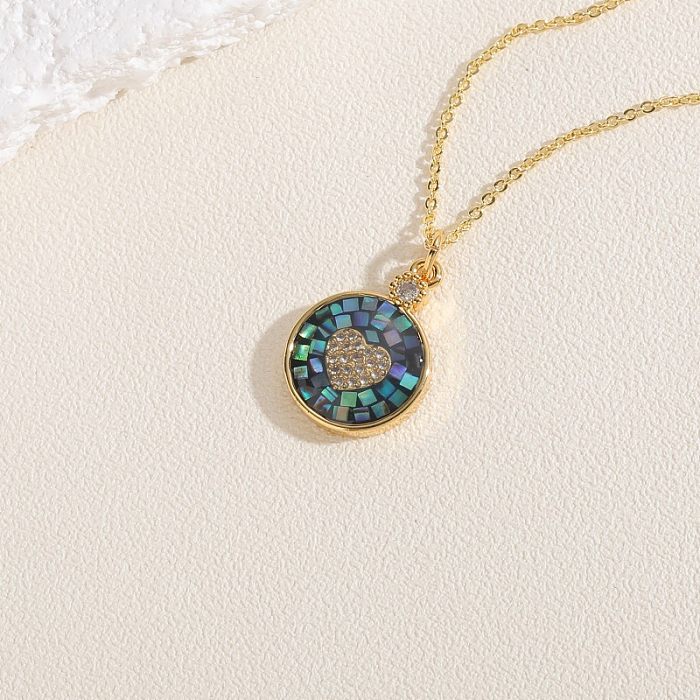 Simple Style Commute Round Heart Shape Copper Enamel Plating Inlay Zircon 14K Gold Plated Pendant Necklace
